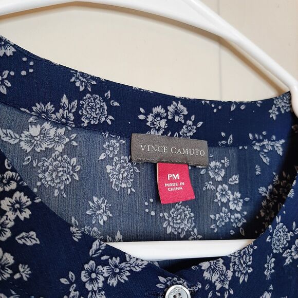 Vince Camuto Women Blue White Floral Print Blouse Sheer See Through Size PM - Picture 4 of 11